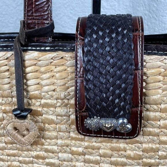 Brighton Straw Raffia Woven Handbag Brown Croc Double Strap Tote Shopper Tan - Picture 2 of 16